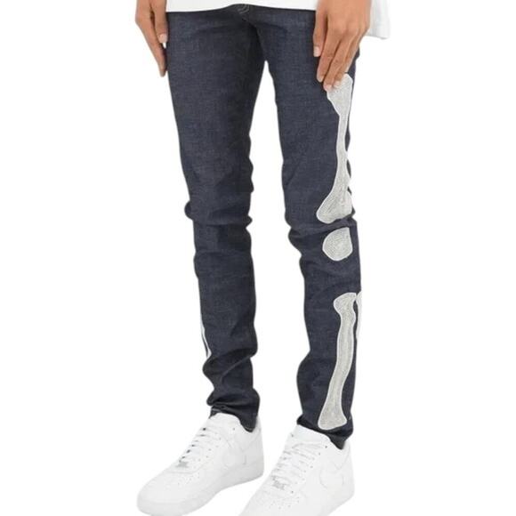 MNML Skeleton Bone Patch Jeans Men’s Size 38 – Dark Wash Denim - Picture 11 of 11